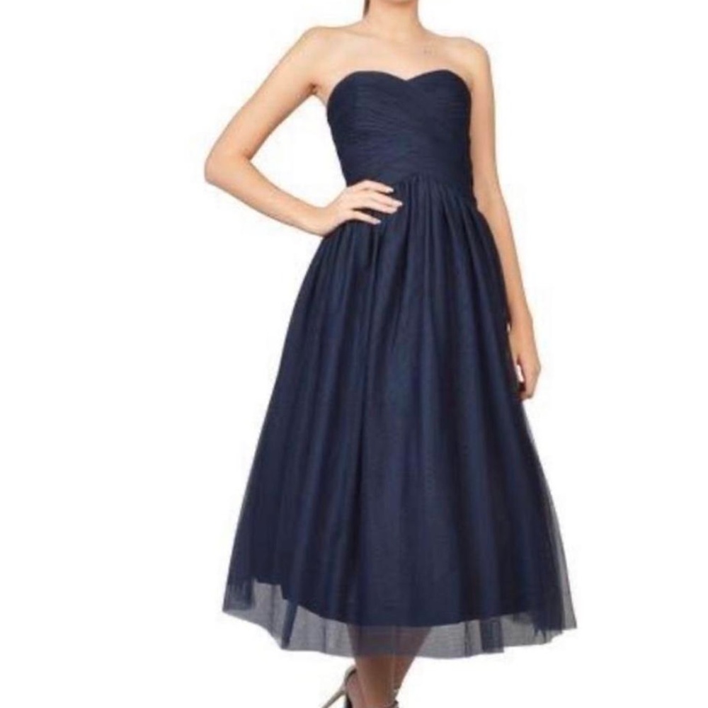 Monique Lhullier Navy Tulle Tea Length Strapless Gown